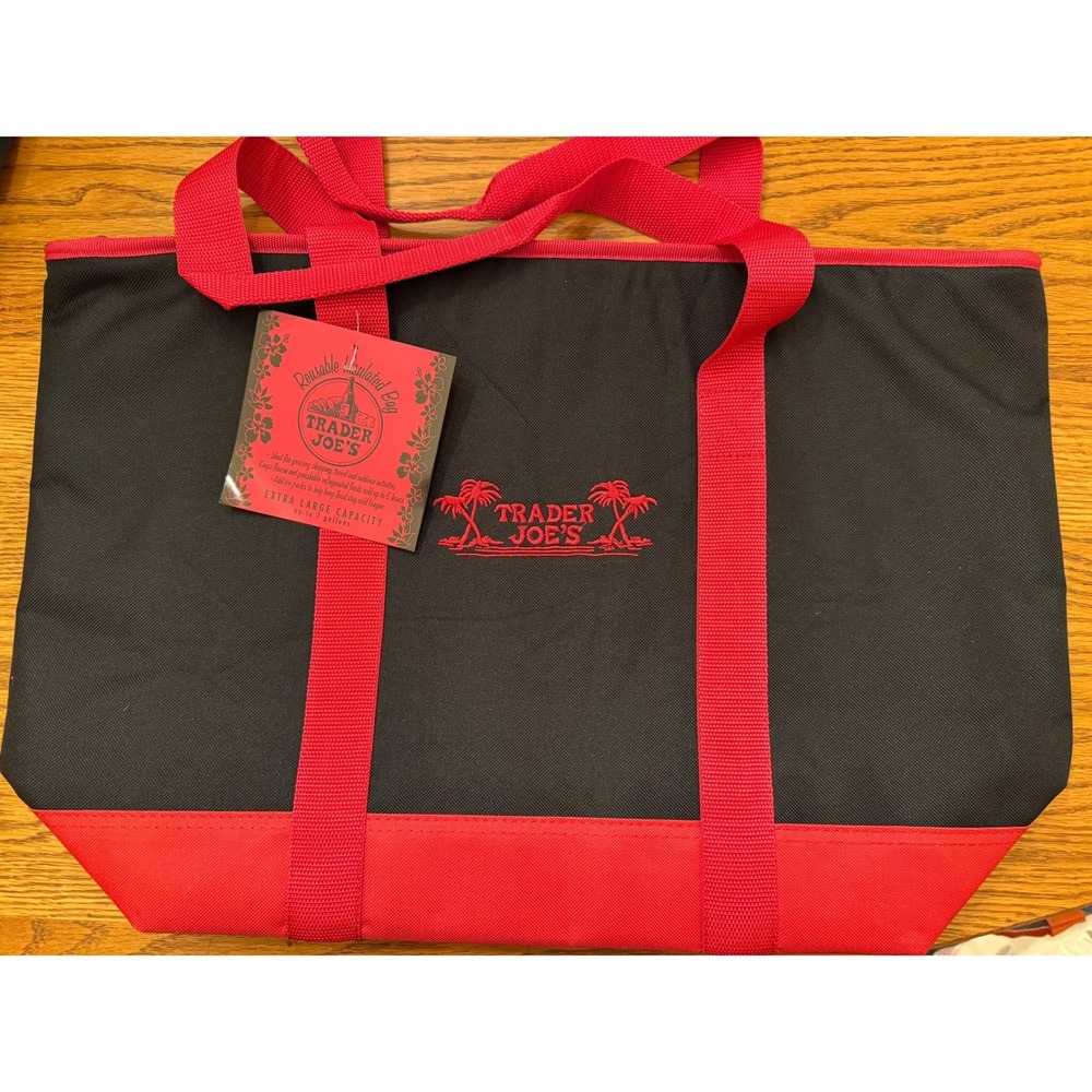 NWT Trader Joe's Extra Large Insulated Tote Bag Black Red Reusable Cooler Rare